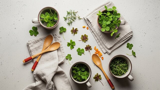 Fresh organic clover tea ingredients on light stone background