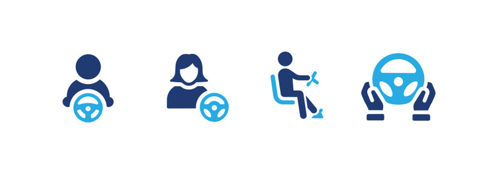Driving icon set. Symbols of men and women driving cars.