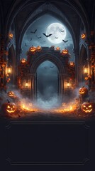 Fototapeta premium Mysterious Gothic Archway Halloween Night with Jack-o'-Lanterns and Bats under a Full Moon Template