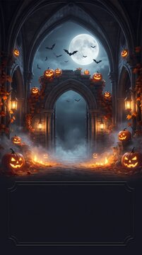 Mysterious Gothic Archway Halloween Night with Jack-o'-Lanterns and Bats under a Full Moon Template