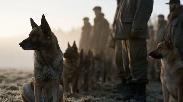 Animal trainers in early morning mist guiding a working dog group through obedience drills on a dewy field as handlers in uniform position themselves in formation creating a