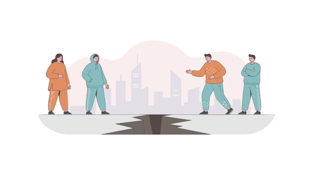 People standing on either side of a deep crack in the ground representing a divided society or urban conflict.