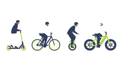 Fototapeta premium Group of commuters using various electric transportation devices like scooters, cycles, and unicycles.