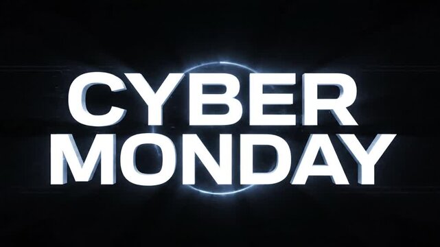 Cyber Monday text with digital glitch effect on black background