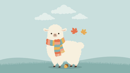 Obraz premium Alpaca wrapped in scarf – Great for autumn greeting cards, cozy lifestyle graphics, or stationery.