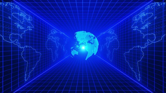 Futuristic world map tunnel visual blue grid walls, glowing Earth center, and global data perspective. international business, digital news, telecom promos, network systems, and motion graphics.