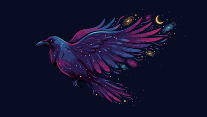 Obraz premium Cosmic raven dissolving into stars – Great for fantasy wall art, tattoo designs, or bird lovers prints.