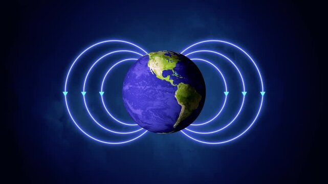 Earth Magnetic Field Lines Animation, Planet Globe with Glowing Magnetic Force Field for Science & Technology Videos Streams social media motion background