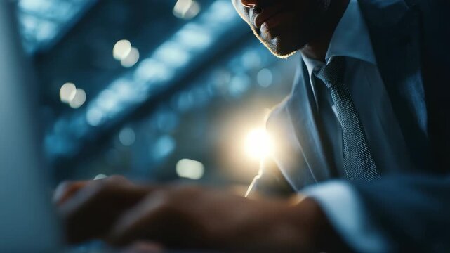 Confident businessman in a suit working on a laptop in a modern office environment with sunlight streaming through large windows. Focused professional typing during a busy workday