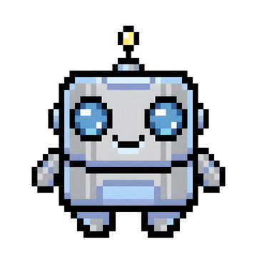 Cute silver robot pixel art mascot with blue eyes and yellow antenna light sitting design.