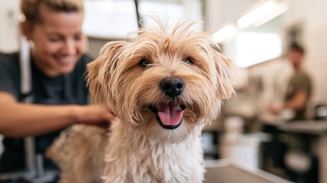 Dog being groomed at a professional grooming salon. Bathing, trimming, and brushing with gentle animal care.