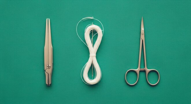 Surgical instruments including forceps, needle holder, and sterile suture material arranged on a green surgical drape