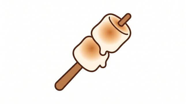 Roasted marshmallow on a stick vector illustration isolated on white background. Toasted sweet marshmallows on wooden skewer for camping, bonfire, and outdoor snack design