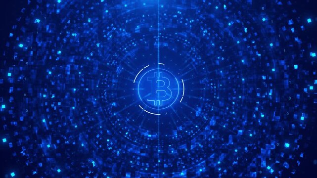 Digital crypto coin network visual Bitcoin pixel tunnel, data rings, cyber finance atmosphere. trading promos, investment explainers, exchange screens, fintech ads, motion , crypto ledger themes.