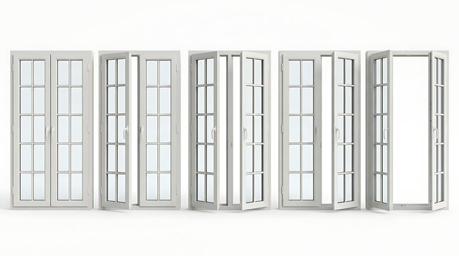 Collection of five pairs of white windows and french doors open and closed on white background