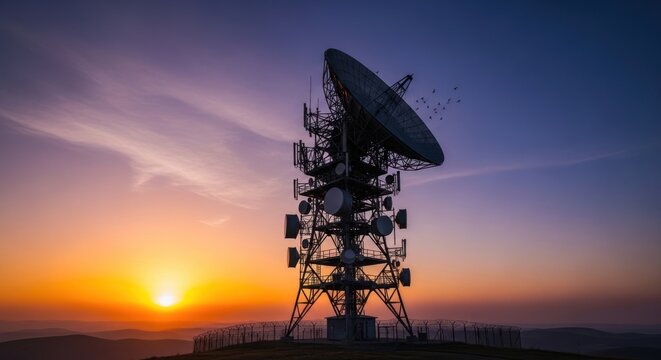 Telecommunication Tower and Radio Telescope at Dramatic Sunset