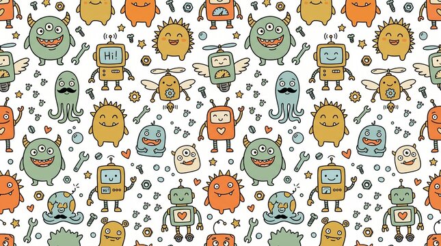 Cute hand drawn monsters and robots seamless pattern vector illustration on white background. Colorful doodle character repeat texture with nuts, bolts, and tools for kids design