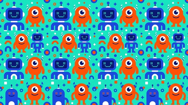 Cute robots and friendly monsters seamless pattern vector illustration on turquoise background. Colorful fun character repeat texture for kids wallpaper, fabric, and wrapping paper design
