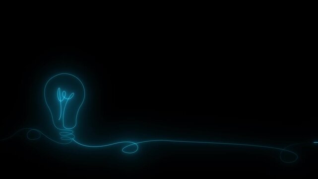 Minimal neon idea bulb visual thin cyan outline, flowing electric line, negative space, soft glow. invention stories, creative thinking clips, business concepts, education content, motion title cards.