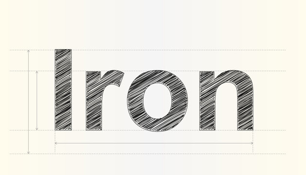 Creative hand drawn sketch typography word iron with structural engineering lines and precise measurement markers