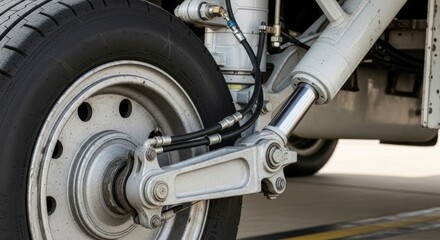 Fototapeta premium Aircraft Landing Gear and Wheel on Airport Tarmac