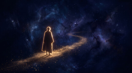 Fototapeta premium Lone Glowing Figure Following Golden Path Of Divine Light Symbolizing Faith Guidance And Awakening JPG