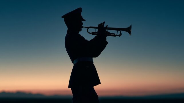 Silhouette of a Bugler Playing Taps Against Twilight Sky for veterans day design