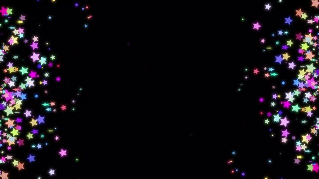 Vibrant multicolor glowing star confetti left and right side border loop animation on dark background
