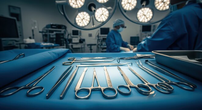 Surgical instruments laid out on a blue sterile cloth in an operating room with surgeons in the background under bright lights