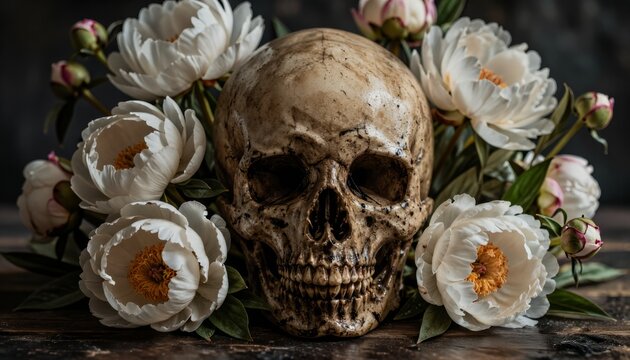 Human Skull Surrounded by White Peonies on Dark Wood Table