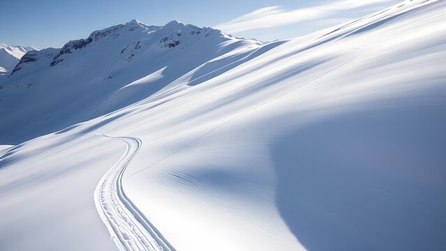 Snow-covered mountain slope with a single S-shaped ski track.