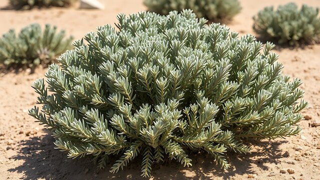 Oleaster shrubs with silvery leaves growing in sandy, arid soil.