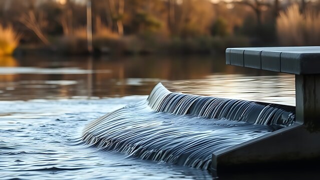 Small concrete weir across calm river in soft light, water management infrastructure concept.