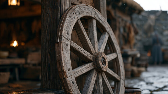 A wainwright's half-finished wooden wagon wheel propped against a rain-slicked workshop doorway as a family clusters inside around the craftsman whose foreign trade guild tools