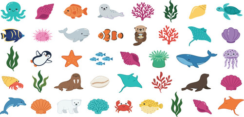 Cute Marine Life and Coral Reef Underwater Element Bundle for Preschool Education, Pattern Design, Kids Stickers, and Ocean Life Vector Illustrations © Forida