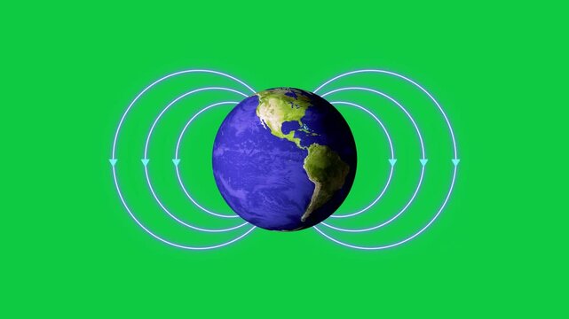 Earth Magnetic Field Lines Isolated Chroma Key Loop Animation ,Green Screen 3D Globe for Science Videos & Presentations, social media stream motion design element