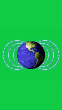 Earth Magnetic Field Lines Isolated Chroma Key Loop Animation ,Green Screen 3D Globe for Science Videos & Presentations, vertical social media stream motion design element