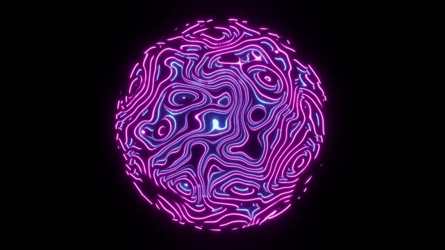 Abstract Neon Sphere with Glowing Topographic Lines and Futuristic Energy Flow Animation. 4K