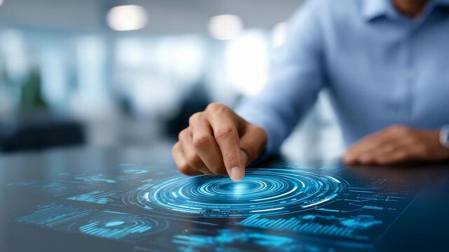 Businessman interacts with futuristic digital interface, touching virtual screen with holographic data visualization. Modern technology, innovation drive digital transformation in business