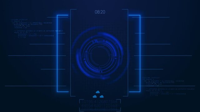 Digital programming control panel visual blue neon brackets, code fragments, central HUD circle, interface space. developer cloud systems, data screens, app demos, motion graphics, cyber displays.