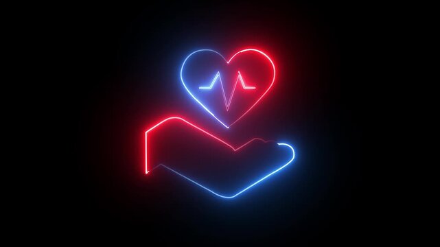 Glowing sine and red line Heart in hand icon Hand giving love symbol. love heartbeat animation on black background, 4k animation video.