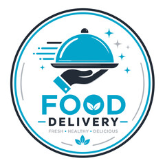 Fototapeta premium Food delivery logo with service hand and cloche for restaurant apps