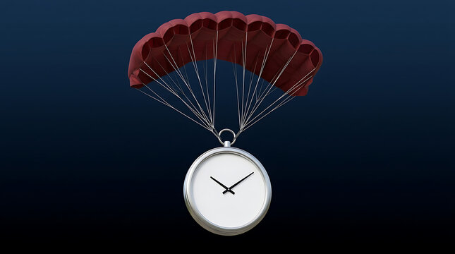 Emergency time landing a pocket watch parachuting down, signifying critical deadlines and time limits
