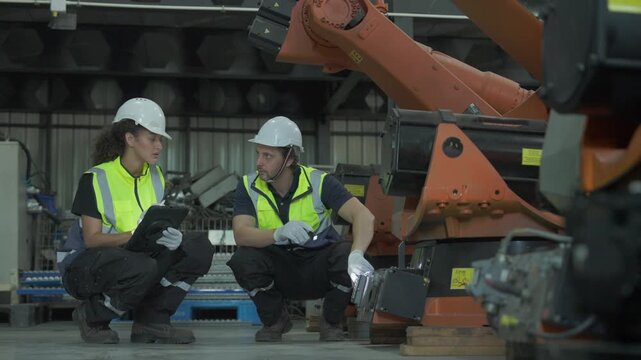 Male and female engineers crouching down to inspect the base mechanism and wiring of industrial robotic arms in a workshop.