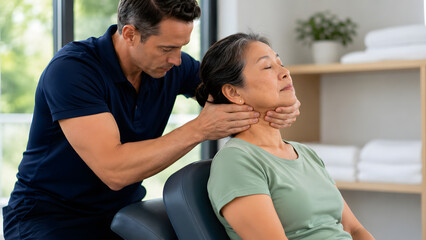 Obraz premium Physical therapist treating senior woman's neck and jaw
