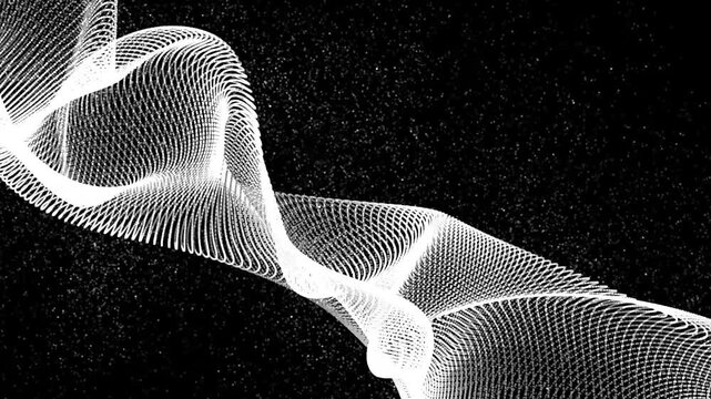 Futuristic Abstract Digital Particle Surface with Trapcode Form Style, Flowing Technology Wave, Dynamic Mesh Animation, Seamless 4K Motion Graphics in After Effects on Black Background.
