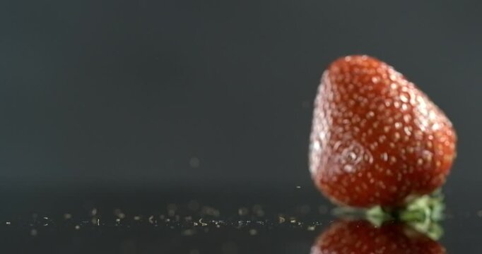 Strawberry falling onto black surface in slow motion