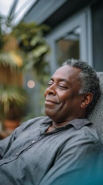 Portrait of a mature African American man with closed eyes enjoying a peaceful moment outdoors. The serene expression captures relaxation and mindfulness in a natural setting