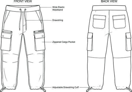 argo jogger pants technical flat vector illustration with front and back views showing zippered pockets, drawstring waist, and adjustable cuffs