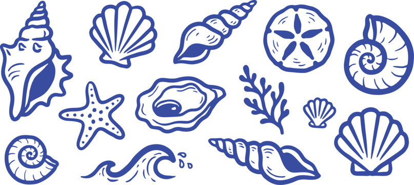Nautical seashell line art icons, blue sea shell vector set, beach ocean life Hand drawn